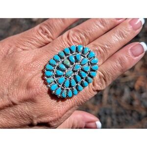 Navajo Cluster Turquoise Ring Sterling Silver Signe Native‎ Jewelry Sz 8.75 ***